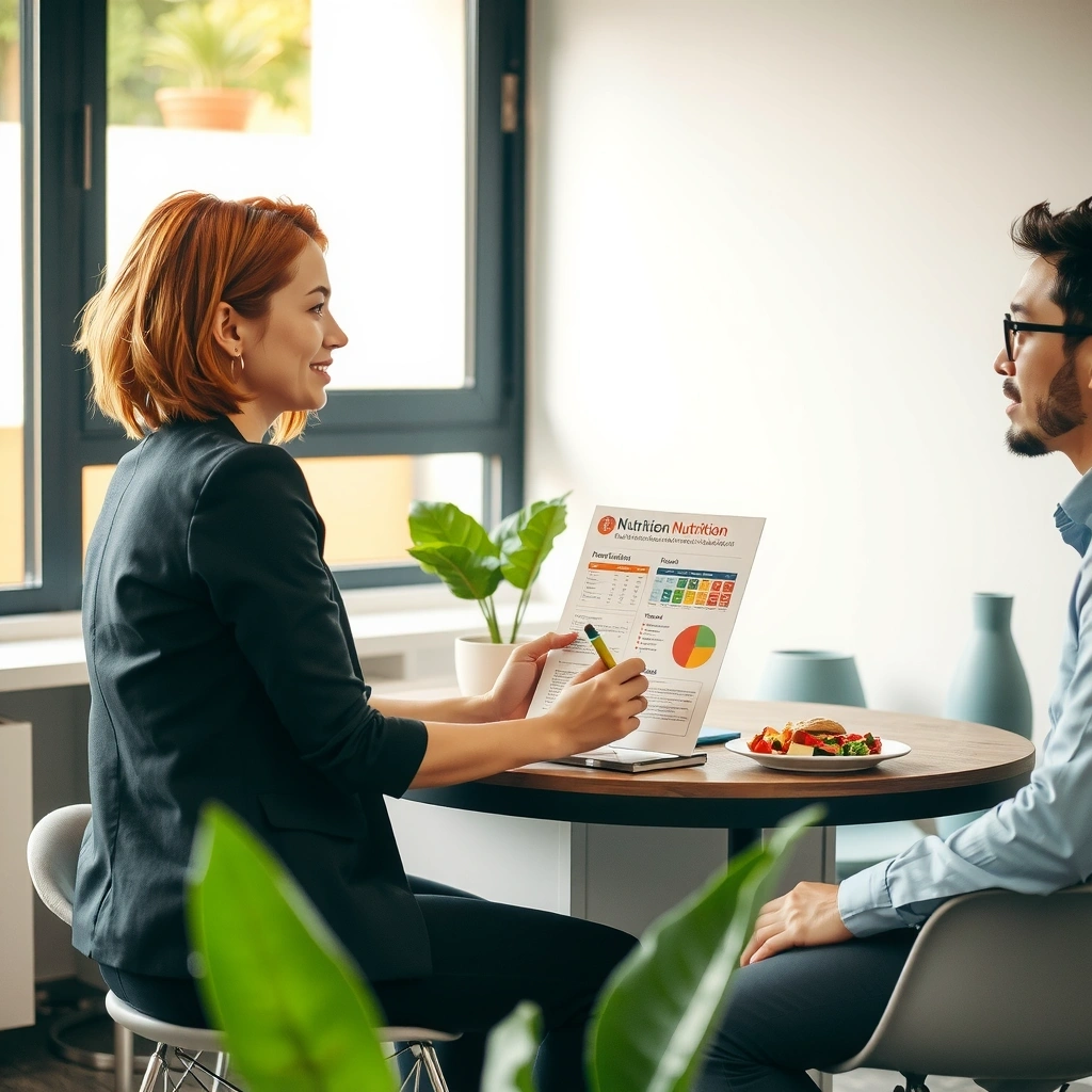 Beratungsgespräch: Ernährungsberater bespricht mit Klient einen individuellen Ernährungsplan am modernen Schreibtisch