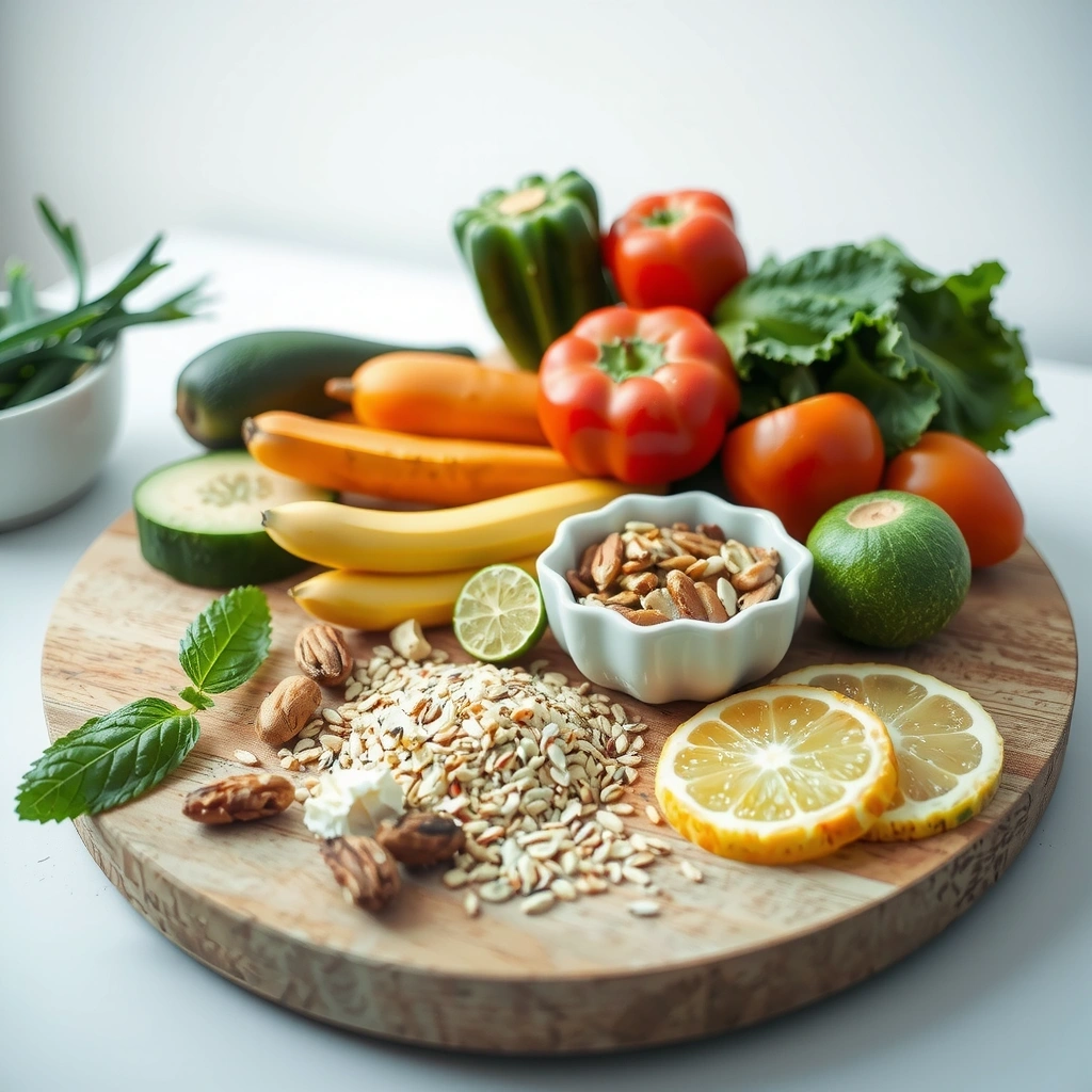 Gesunde, bunte Lebensmittel arrangiert auf einem modernen Holzbrett: frisches Gemüse, Obst, Vollkornprodukte und Nüsse