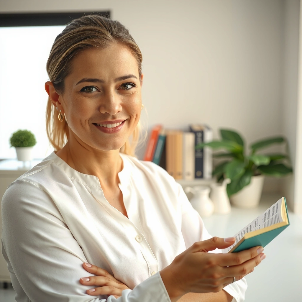 Professioneller Ernährungsberater in modernem Beratungsbüro mit Fachbüchern und gesunden Lebensmitteln